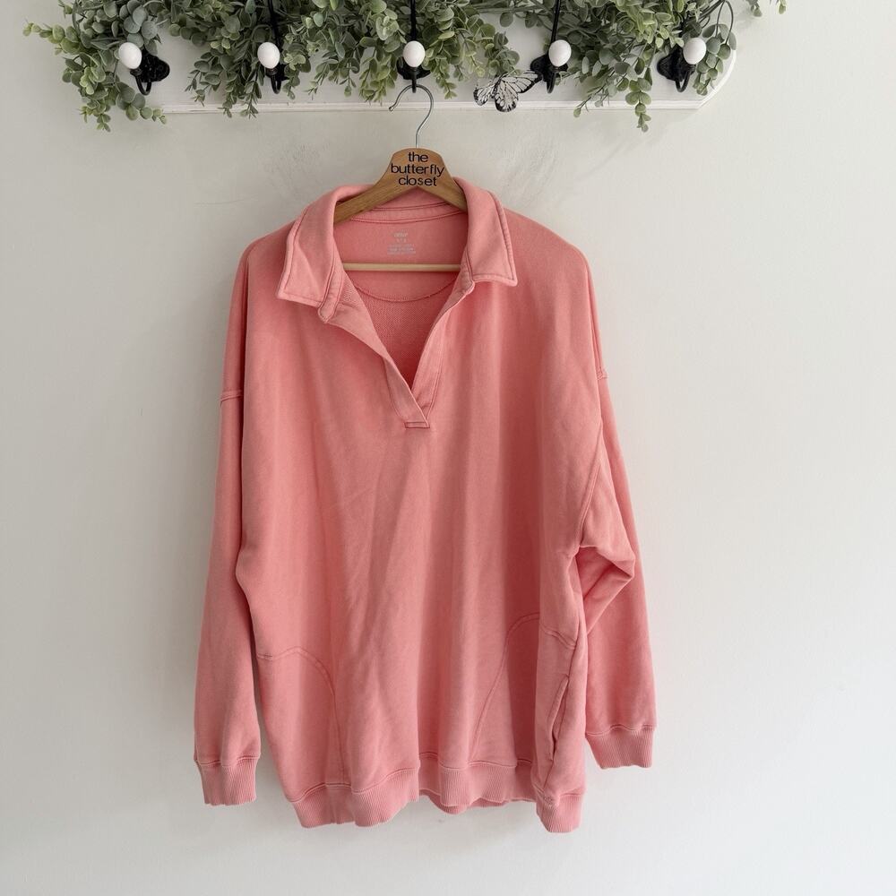 Aerie Happy Henley Everyday Polo Oversized Sweatshirt Coral Pink Oversized Mediu